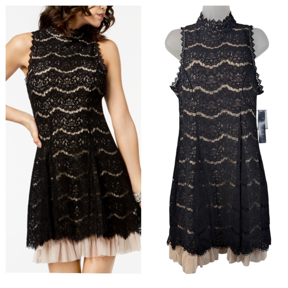 Trixxi Clothing Co Black Lace Tulle Trim Skater Fit&Flare Dress Cocktail